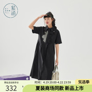 紫涵黑色短袖衬衫连衣裙女2024夏季设计感高腰显瘦A字中长裙