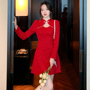红色旗袍2023年长袖改良版年轻款小个子新娘敬酒服订婚连衣裙