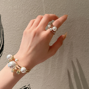 韩国简约金属珍珠戒指，女复古多层设计手镯，气质百搭开口可调节配饰