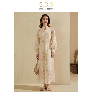GDS品牌度假风法式气质蕾丝长袖宽松收腰海边连衣裙女高级感