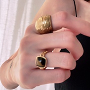 复古夸张大戒指18K镀金金色螺纹猫眼石宝石磨砂拉丝首饰指环