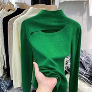 绿色半高领打底衫女内搭秋冬镂空长袖，t恤显瘦洋气针织上衣