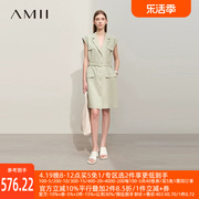 Amii2024夏通勤帅气工装风西装领宽肩配腰带连衣裙女短裙子