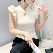 新中式国风盘扣夏装针织衫短袖女性感镂空泡泡袖洋气套头毛衣上衣