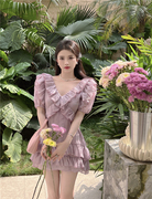 香芋紫连衣裙短裙法式木耳边裙子女夏设计感小众裙
