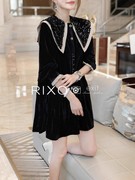 RIXO EXIT法式黑色娃娃领丝绒连衣裙女宽松显瘦小黑裙子春季