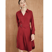 一条让你美到春季的!衬衫裙红色连衣裙，2023年收腰显瘦气质