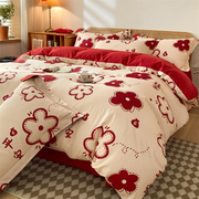 销高颜值结婚床单四件套红色喜被婚床婚房装饰布置新婚礼物床上厂