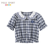 polosport女童短袖衬衫2023夏季儿童时尚，可爱娃娃领格子衬衣