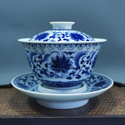 景德镇泡茶盖碗茶杯纯手工手绘青花瓷缠枝莲三才碗单个茶具非柴窑