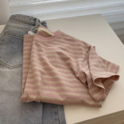 粉色条纹t恤女夏小个子短袖设计感小众复古休闲宽松基础内搭上衣