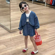 韩国童装女童2024夏季短款牛仔披肩夹克外套，百褶牛仔裙裤套装