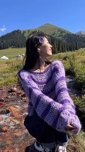 甜美学院风紫色毛衣女长袖2023年早秋宽松显瘦薄款镂空针织衫