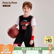 PawinPaw卡通小熊童装2024年夏男童撞色篮球风假两件运动套装