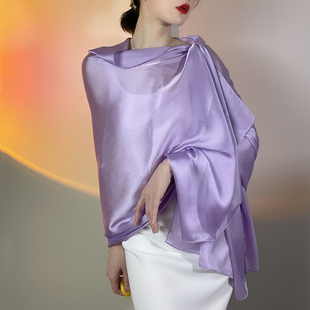 浪漫紫色纯色长丝巾中国风夏季薄款防晒百搭配裙子仿真丝围巾披肩