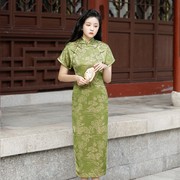 日常时尚复古旗袍花色短袖复古风减龄学生文艺连衣裙绿色气质名媛