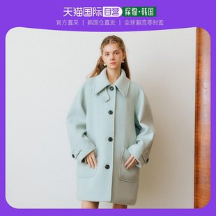 韩国直邮Lookast女款大衣中长款双口袋羊毛深蓝色翻领系扣复古