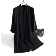 日本三醋酸西装外套女 薄款职场缎面修身黑色中长款小西服七分袖