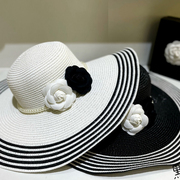欧美风黑白条纹小香风，夏天旅游度假帽子，女士大檐沙滩遮阳草帽凉帽