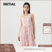 桃花系列INITIAL甜美印花高腰吊带连衣裙女