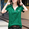 纯色短袖女t恤带帽绿色夏季棉宽松拉链刺绣抽绳连帽上衣半袖0403n