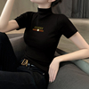 黑色短袖t恤女2024高档设计感上衣修身正肩体恤半高领打底衫