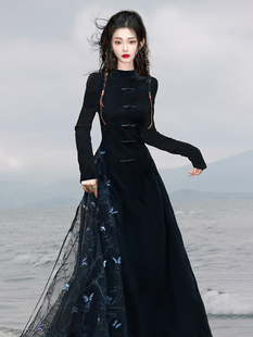 新中式国风改良日常旗袍裙春季2024法式复古黑色连衣裙高级感