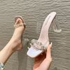意尔康法式水钻透明水晶跟凉鞋，女夏2024一字带粗跟拖鞋高跟外