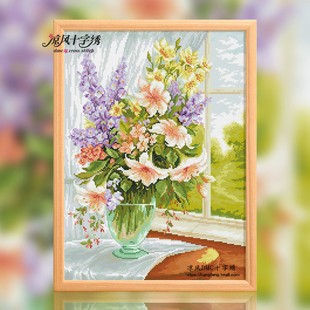 凉风DMC线十字绣套件客厅挂画花卉HC4943窗前百合花瓶14印花