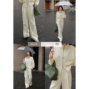1313时髦气质60%酷丝棉春女3件套 长袖外套+阔腿长裤+显瘦半身裙