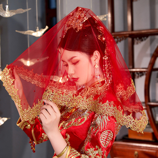 红盖头新娘2022结婚中式红色，半透明秀禾中长款高档喜帕头纱中国风