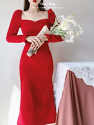 发！玫瑰茜红色连衣裙2021秋气质仙女裙法式复古长裙