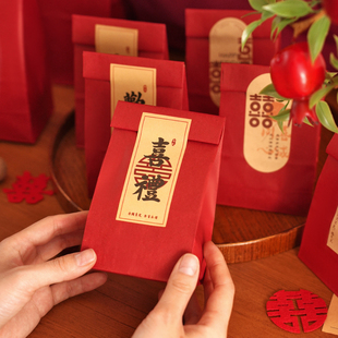 中式结婚复古牛皮纸喜糖盒，袋子红色中国风，盒子中式婚礼吾家有喜
