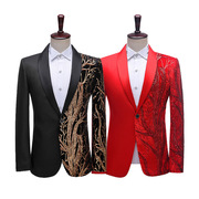 舞台男装西装礼服时尚亮片图案演出西服黑红色单西主持人歌手服装