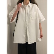 日系白色正肩短袖衬衫上衣女设计感小众寸衫夏季2023薄款外套