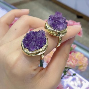 欧美自然形成乌拉圭紫水晶原石包边晶芽戒指食指女纯晶簇手工制作