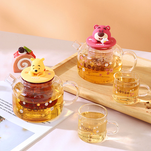 迪士尼正版草莓熊玻璃花茶壶套装家用泡茶壶茶水分离养生茶壶煮茶