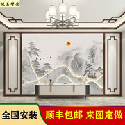 新中式电视背景墙壁纸水墨山水，壁画客厅简约沙发，茶室壁布无缝墙布