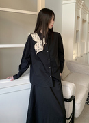  新中式改良衬衫女秋装小众设计感印花黑色国风上衣