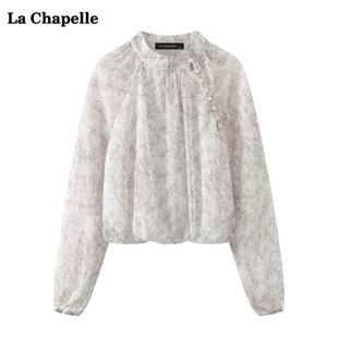 拉夏贝尔lachapelle新中式，水墨印花衬衫女春季长袖，雪纺衫上衣
