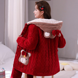 秋冬季睡衣女珊瑚绒，三层夹棉可爱连帽红色加厚加绒家居服套装