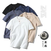 夏季棉麻男士中国风纯色亚麻宽松大码短袖t恤日系半袖潮牌体恤衫