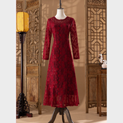 连衣裙红色礼服长袖，喜婆婆婚宴装结婚礼服，妈妈洋气高贵高端刺绣
