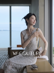 白山茶Wcouture经典 立体工艺 镂空蕾丝花型 修身V领连衣长裙