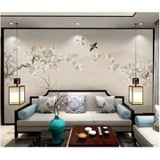 新中式电视背景墙壁纸海棠工笔花鸟图墙纸立体无缝卧室，墙布3d壁画