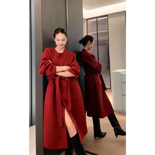 美洋meiyang好运羊绒大衣，极简气质圆领中长款红色，双面呢外套