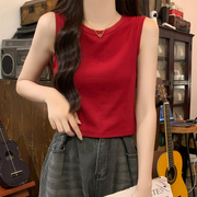 小个子砍袖红色背心女外穿2024夏季韩版修身无袖，t恤女短款ins