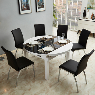 现代简约小户型电磁炉餐桌椅，组合可伸缩客厅，一桌六椅黑色钢化玻璃