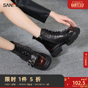 三福短靴女鞋冬季机车靴子小众黑色百搭增高厚底马丁靴825321