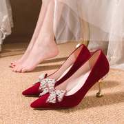 细跟婚鞋女春季2023年中式红色新娘鞋子不累脚，孕妇可穿高跟鞋
